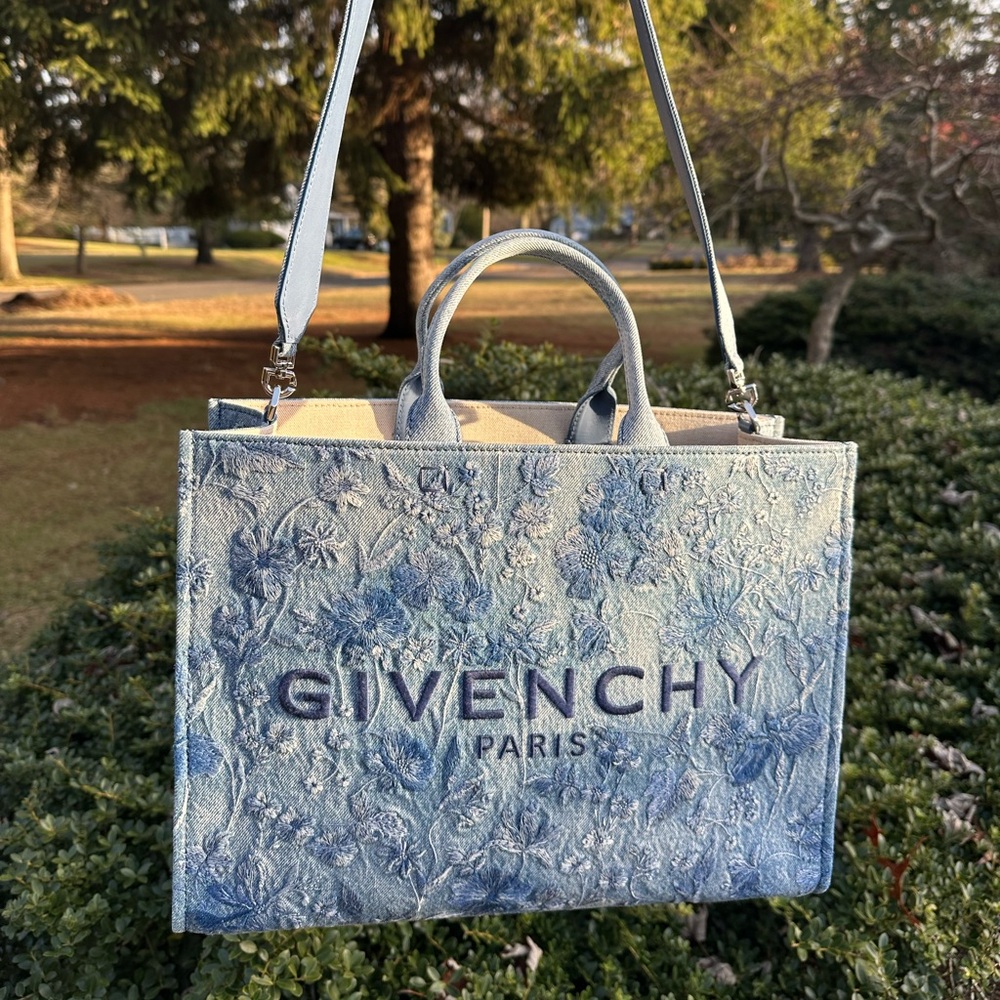 Brand new Givenchy Medium G-Tote bag in washed embroidered denim.